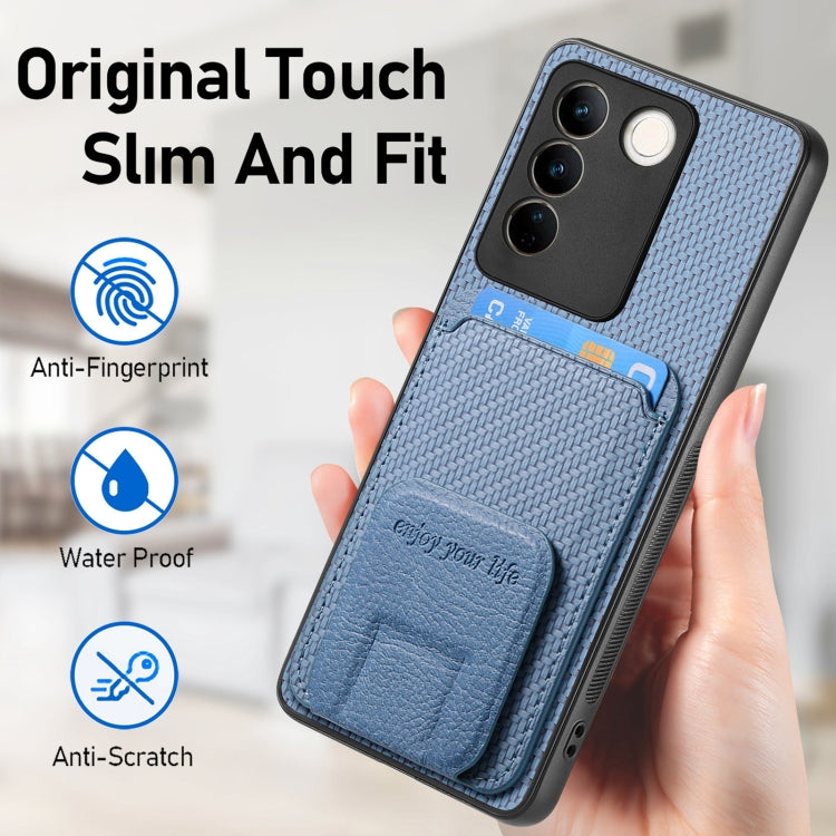 For vivo X100 Pro 5G Carbon Fiber Card Bag Fold Stand Phone Case(Blue) - X100 Pro Cases by PMC TechLife | Online Shopping South Africa | PMC TechLife | Buy Now Pay Later Mobicred