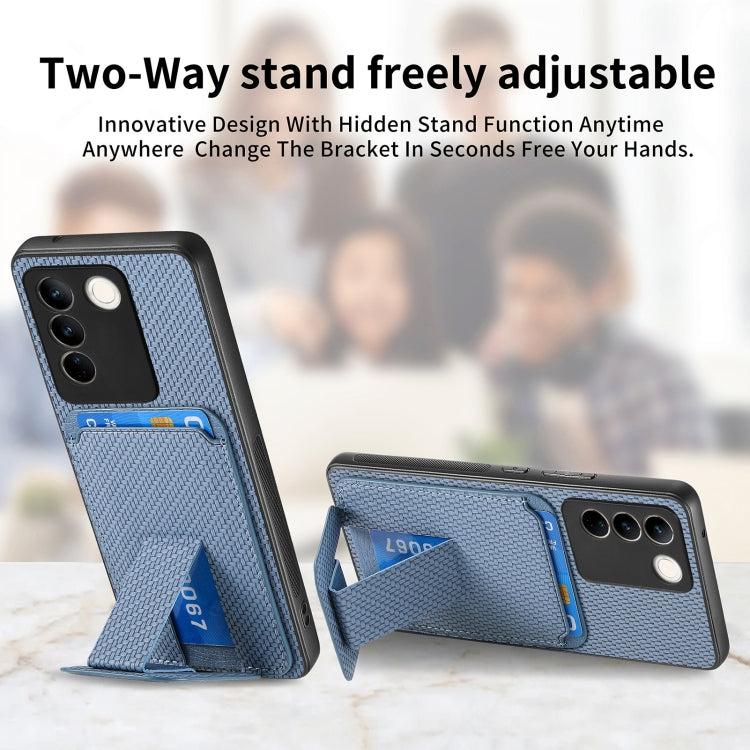 For vivo X100 Pro 5G Carbon Fiber Card Bag Fold Stand Phone Case(Blue) - X100 Pro Cases by PMC TechLife | Online Shopping South Africa | PMC TechLife | Buy Now Pay Later Mobicred