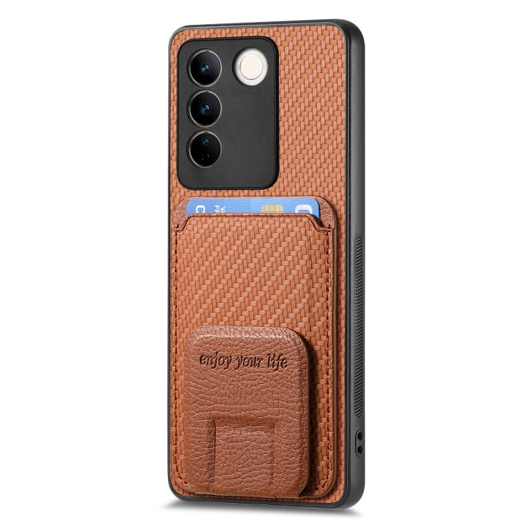 For vivo iQOO 12 Pro Carbon Fiber Card Bag Fold Stand Phone Case(Brown) - iQOO 12 Pro Cases by PMC TechLife | Online Shopping South Africa | PMC TechLife