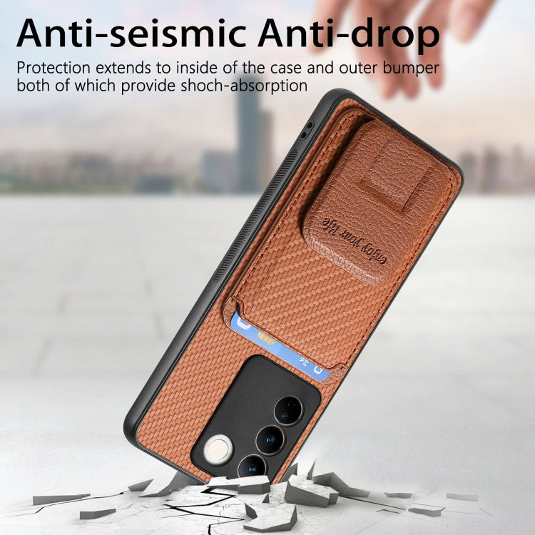 For vivo iQOO 12 Pro Carbon Fiber Card Bag Fold Stand Phone Case(Brown) - iQOO 12 Pro Cases by PMC TechLife | Online Shopping South Africa | PMC TechLife