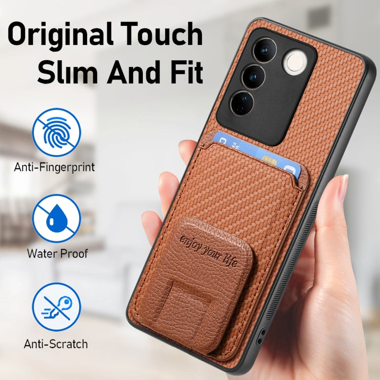 For vivo iQOO 12 Pro Carbon Fiber Card Bag Fold Stand Phone Case(Brown) - iQOO 12 Pro Cases by PMC TechLife | Online Shopping South Africa | PMC TechLife