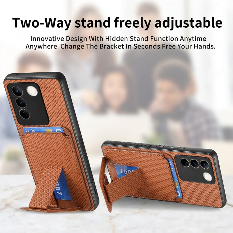 For vivo iQOO 12 Pro Carbon Fiber Card Bag Fold Stand Phone Case(Brown) - iQOO 12 Pro Cases by PMC TechLife | Online Shopping South Africa | PMC TechLife