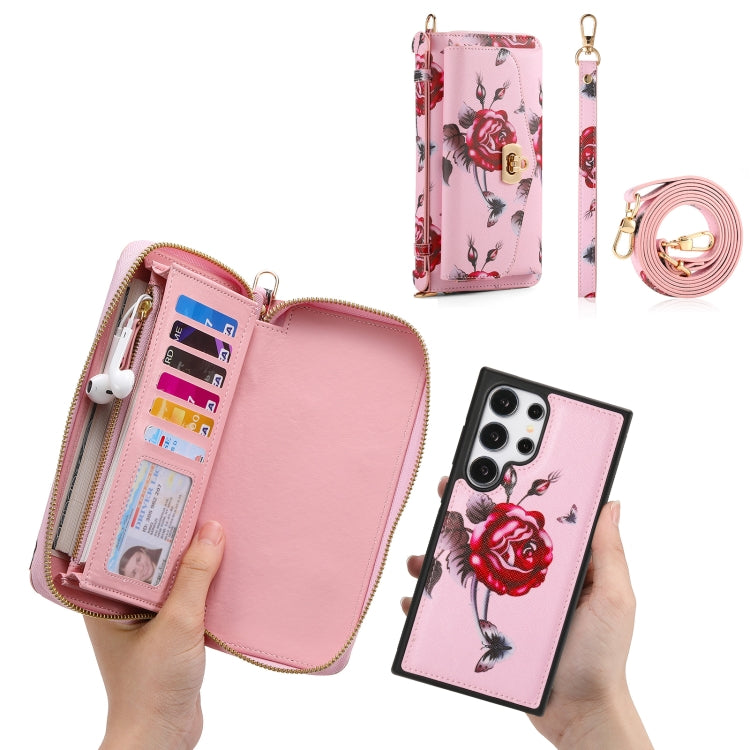 For Samsung Galaxy S24 5G Flower Multi-functional Crossbody Zipper Wallet Leather Phone Case(Pink) - Galaxy S24 5G Cases by PMC Jewellery | Online Shopping South Africa | PMC Jewellery | Buy Now Pay Later Mobicred