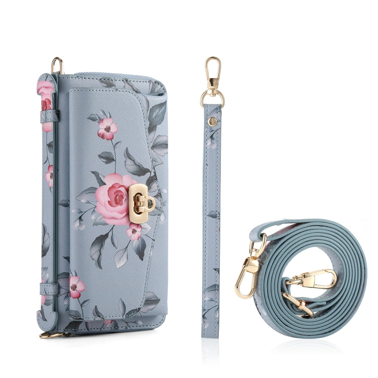 For Samsung Galaxy S24 Ultra 5G Flower Multi-functional Crossbody Zipper Wallet Leather Phone Case(Blue) - Galaxy S24 Ultra 5G Cases by PMC Jewellery | Online Shopping South Africa | PMC Jewellery | Buy Now Pay Later Mobicred