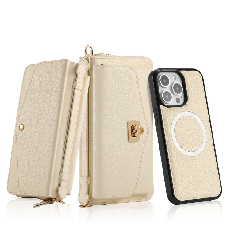 For iPhone 15 Pro Max MagSafe Crossbody Multi-functional Zipper Wallet Litchi Leather Phone Case(White) - iPhone 15 Pro Max Cases by PMC TechLife | Online Shopping South Africa | PMC TechLife