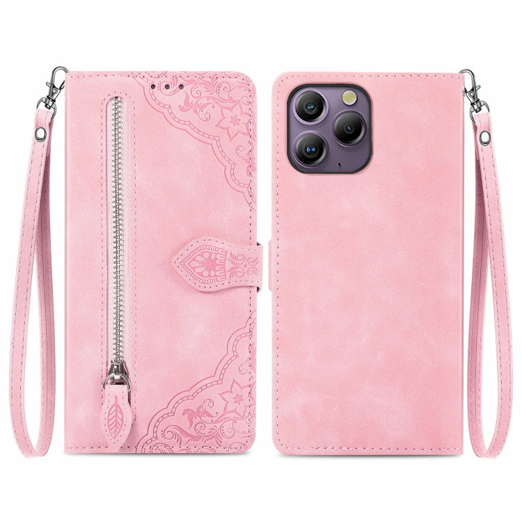 For Blackview A96 Embossed Flower Zipper Leather Phone Case(Pink) - More Brand by PMC TechLife | Online Shopping South Africa | PMC TechLife | Buy Now Pay Later Mobicred