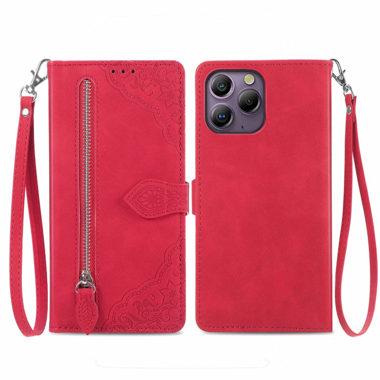 For Blackview A96 Embossed Flower Zipper Leather Phone Case(Red) - More Brand by PMC TechLife | Online Shopping South Africa | PMC TechLife