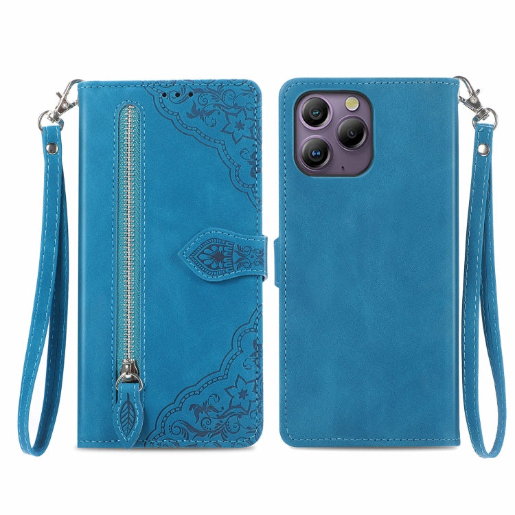 For Blackview A96 Embossed Flower Zipper Leather Phone Case(Bule) - More Brand by PMC TechLife | Online Shopping South Africa | PMC TechLife