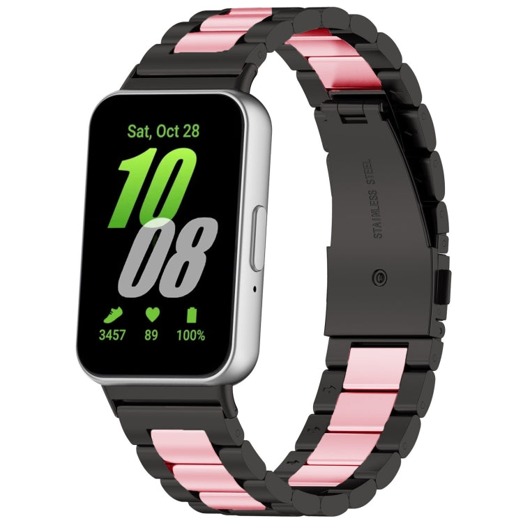 For Samsung Galaxy Fit 3 SM-R390 Three Bead Stainless Steel Metal Watch Band(Black+Pink) - Watch Bands by PMC TechLife | Online Shopping South Africa | PMC TechLife