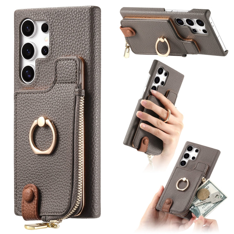 For Samsung Galaxy S24 Ultra 5G Litchi Leather Oil Edge Ring Zipper Wallet Back Phone Case(Grey) - free shipping - PMC Jewellery - Order now!