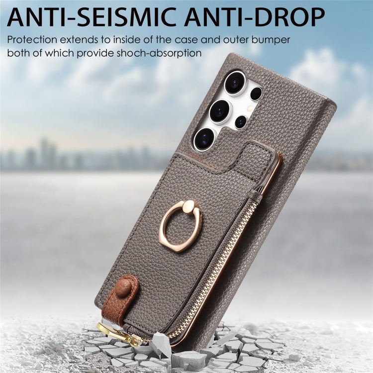 For Samsung Galaxy S24 Ultra 5G Litchi Leather Oil Edge Ring Zipper Wallet Back Phone Case(Grey) - free shipping - PMC Jewellery - Order now!