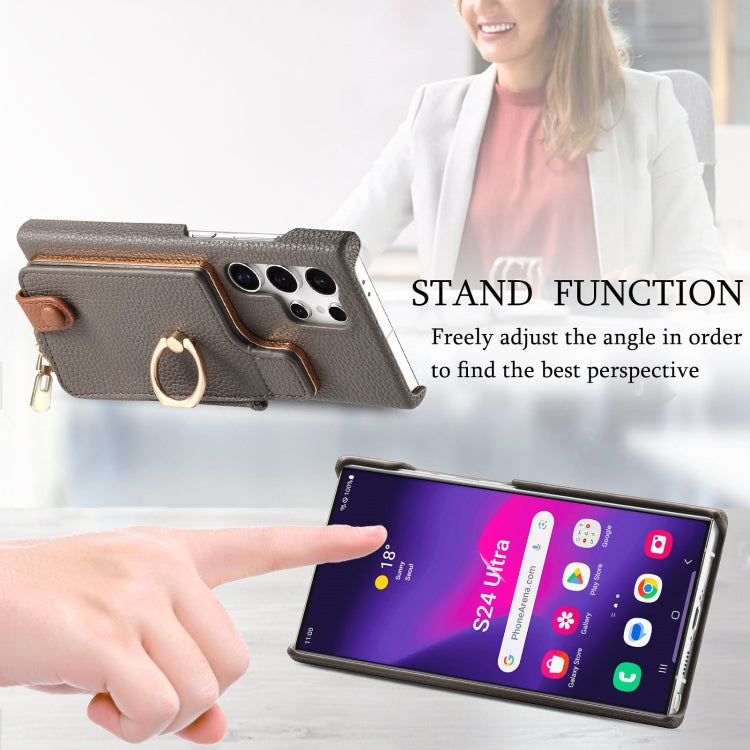 For Samsung Galaxy S24 Ultra 5G Litchi Leather Oil Edge Ring Zipper Wallet Back Phone Case(Grey) - free shipping - PMC Jewellery - Order now!