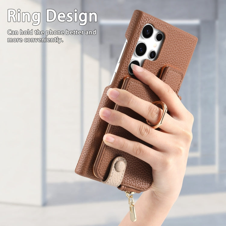 For Samsung Galaxy S24 Ultra 5G Litchi Leather Oil Edge Ring Zipper Wallet Back Phone Case(Brown) - Galaxy S24 Ultra 5G Cases by PMC Jewellery | Online Shopping South Africa | PMC Jewellery | Buy Now Pay Later Mobicred
