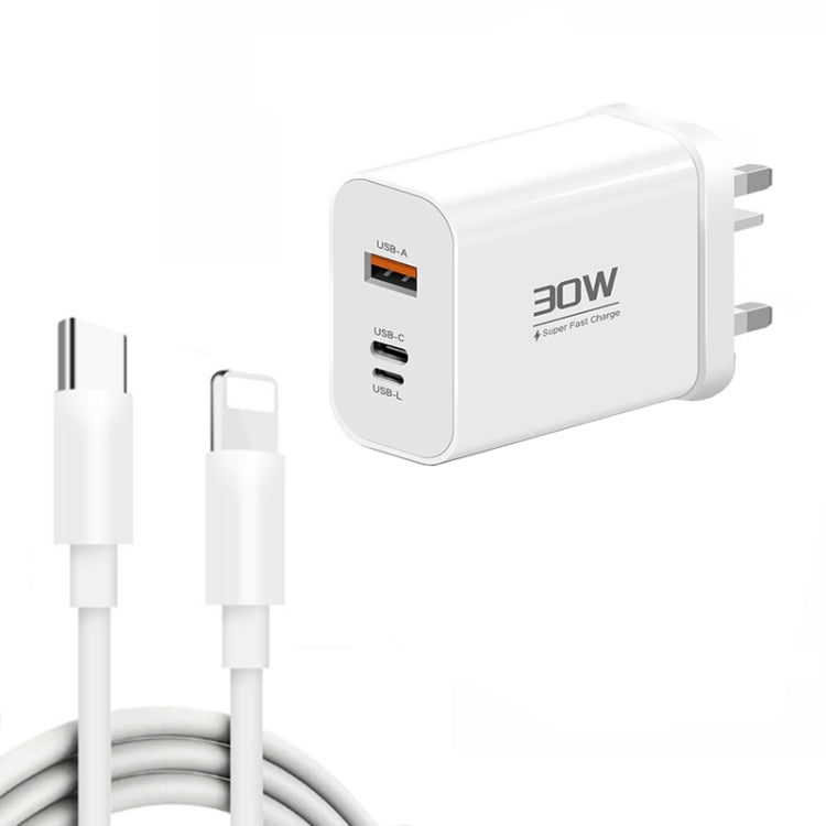PD30W USB-C / Type-C + 8 Pin + USB Charger with Type-C to 8 Pin Date Cable(UK Plug) - free shipping - PMC Jewellery - Order now!