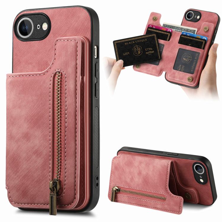 For iPhone 16e Retro Leather Zipper Wallet Back Phone Case(Pink) - iPhone 16e Cases by PMC TechLife | Online Shopping South Africa | PMC TechLife | Buy Now Pay Later Mobicred