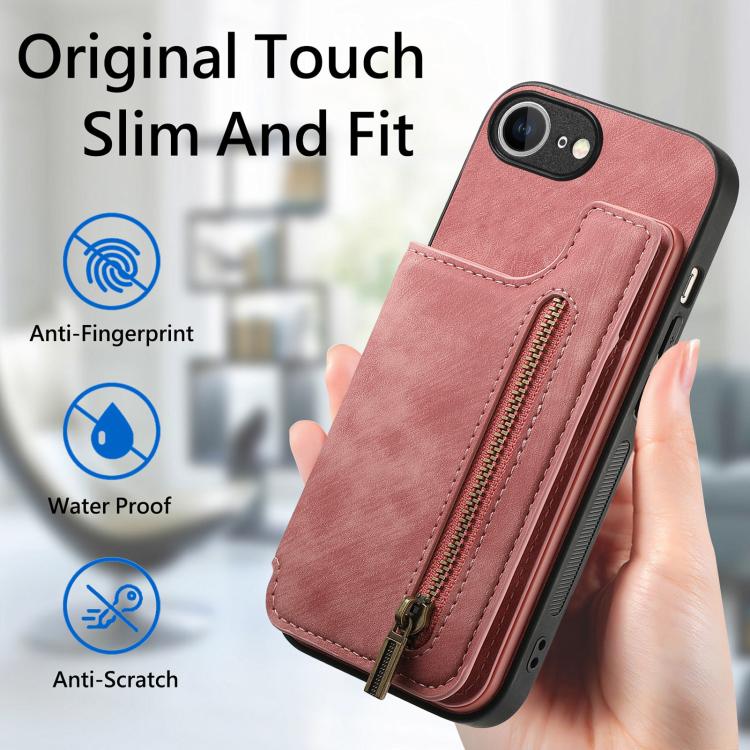 For iPhone 16e Retro Leather Zipper Wallet Back Phone Case(Pink) - iPhone 16e Cases by PMC TechLife | Online Shopping South Africa | PMC TechLife | Buy Now Pay Later Mobicred