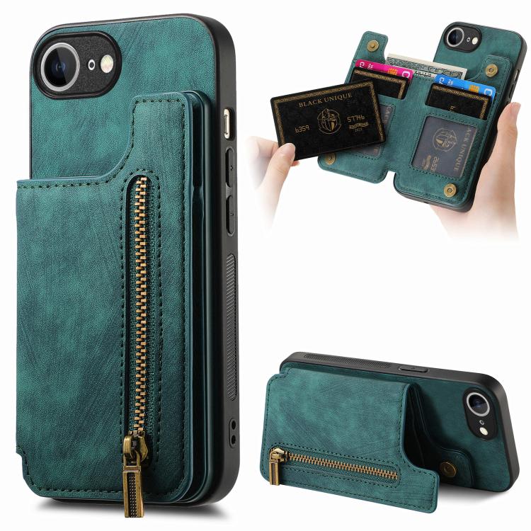 For iPhone 16e Retro Leather Zipper Wallet Back Phone Case(Green) - iPhone 16e Cases by PMC TechLife | Online Shopping South Africa | PMC TechLife | Buy Now Pay Later Mobicred