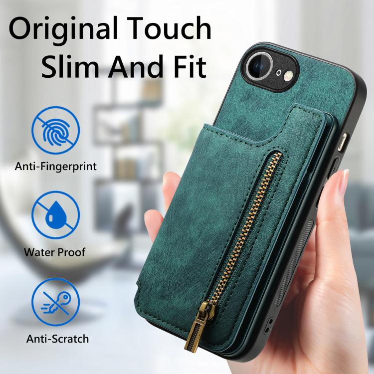 For iPhone 16e Retro Leather Zipper Wallet Back Phone Case(Green) - iPhone 16e Cases by PMC TechLife | Online Shopping South Africa | PMC TechLife | Buy Now Pay Later Mobicred