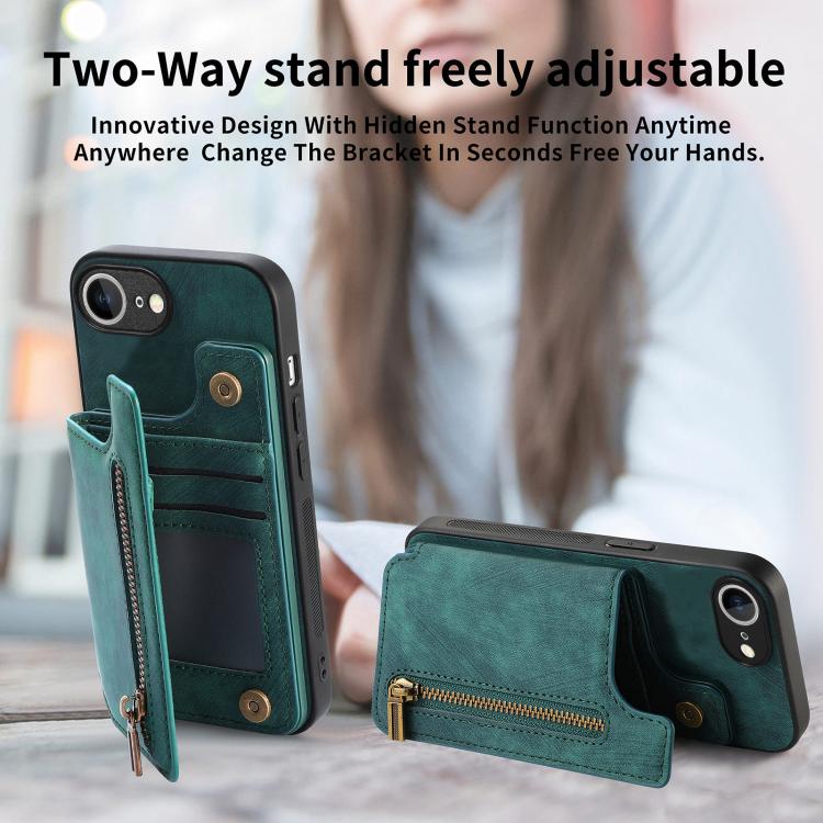 For iPhone 16e Retro Leather Zipper Wallet Back Phone Case(Green) - iPhone 16e Cases by PMC TechLife | Online Shopping South Africa | PMC TechLife | Buy Now Pay Later Mobicred