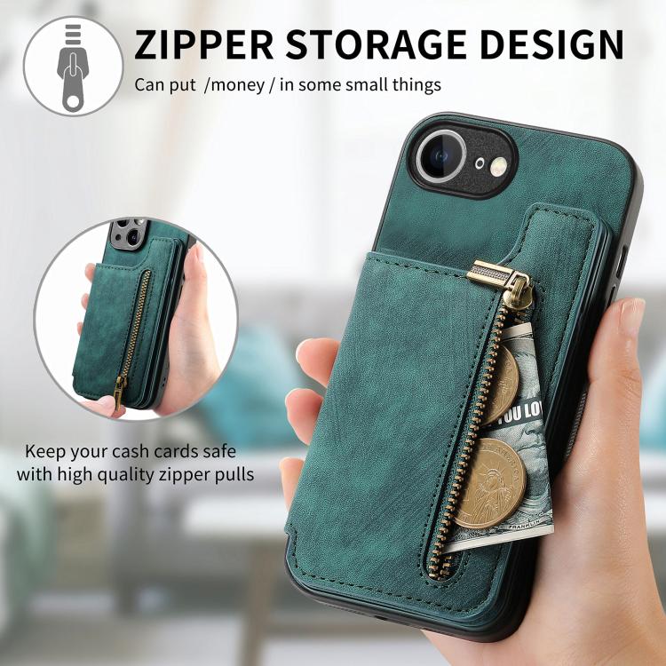 For iPhone 16e Retro Leather Zipper Wallet Back Phone Case(Green) - iPhone 16e Cases by PMC TechLife | Online Shopping South Africa | PMC TechLife | Buy Now Pay Later Mobicred