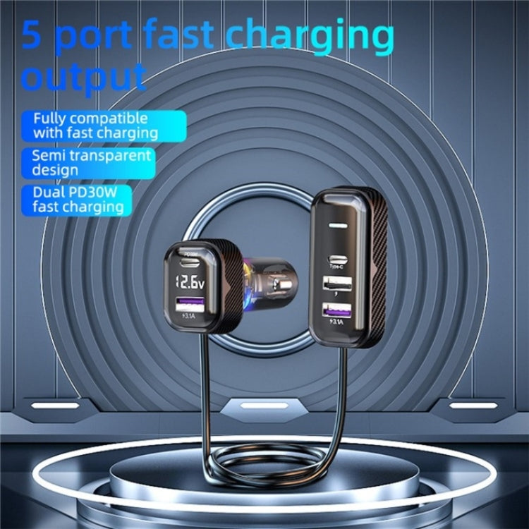 YQ6 PD 30W Fast Charging 2 x Type-C + 3 x USB Car Charger with 1.5m Extension Cable - Car Charger by PMC TechLife | Online Shopping South Africa | PMC TechLife | Buy Now Pay Later Mobicred