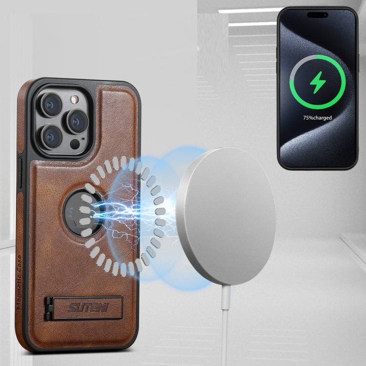 For iPhone 16 Pro Max Suteni G2 Magsafe Oil Wax Leather Back Phone Case with Holder(Brown) - free shipping - PMC Jewellery - Order now!