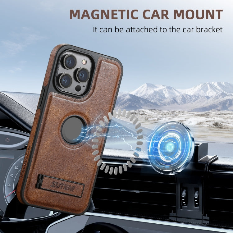 For iPhone 16 Pro Max Suteni G2 Magsafe Oil Wax Leather Back Phone Case with Holder(Brown) - free shipping - PMC Jewellery - Order now!
