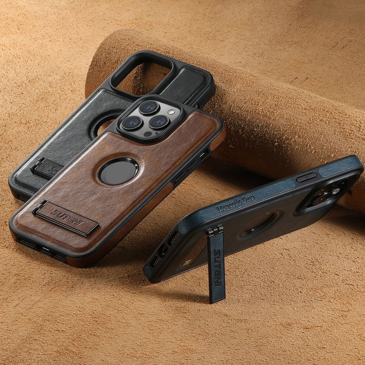 For iPhone 16 Pro Max Suteni G2 Magsafe Oil Wax Leather Back Phone Case with Holder(Brown) - free shipping - PMC Jewellery - Order now!
