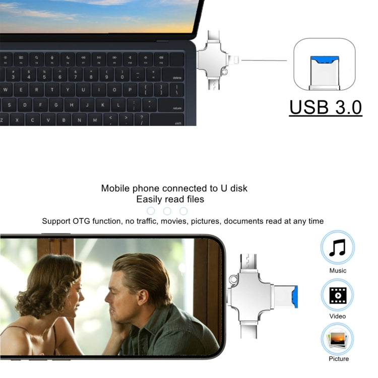 4 in 1 USB-C / Type-C  USB 2.0 + Micro USB + 8 Pin Adapter TF Card Reader, Memory Card:64GB(Sliver) - U Disk & Card Reader by PMC TechLife | Online Shopping South Africa | PMC TechLife | Buy Now Pay Later Mobicred