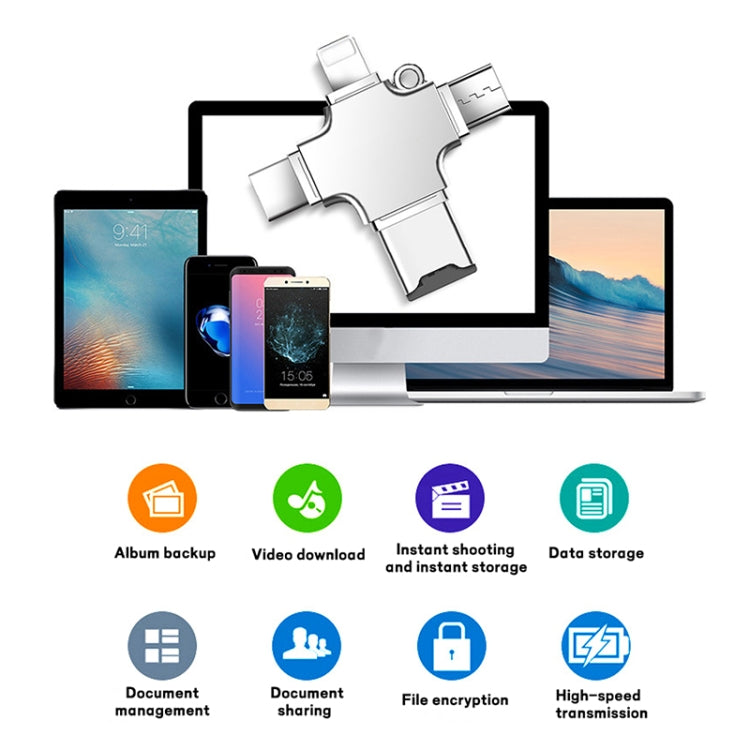 4 in 1 USB-C / Type-C  USB 2.0 + Micro USB + 8 Pin Adapter TF Card Reader, Memory Card:16GB(Sliver) - free shipping - PMC TechLife - Order now!
