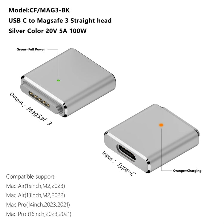 PD100W MagSafe 3 to Type-C Female Magnetic Charging Adapter for MacBook(Silver) - Cable & Adapter by PMC Jewellery | Online Shopping South Africa | PMC Jewellery | Buy Now Pay Later Mobicred
