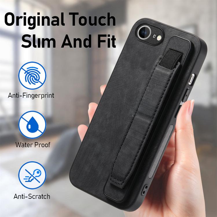 For iPhone 16e Retro Wristband Holder Leather Back Phone Case(Black) - iPhone 16e Cases by PMC TechLife | Online Shopping South Africa | PMC TechLife | Buy Now Pay Later Mobicred