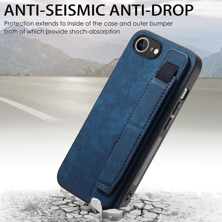 For iPhone 16e Retro Wristband Holder Leather Back Phone Case(Blue) - iPhone 16e Cases by PMC TechLife | Online Shopping South Africa | PMC TechLife | Buy Now Pay Later Mobicred