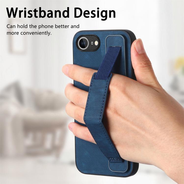 For iPhone 16e Retro Wristband Holder Leather Back Phone Case(Blue) - iPhone 16e Cases by PMC TechLife | Online Shopping South Africa | PMC TechLife | Buy Now Pay Later Mobicred