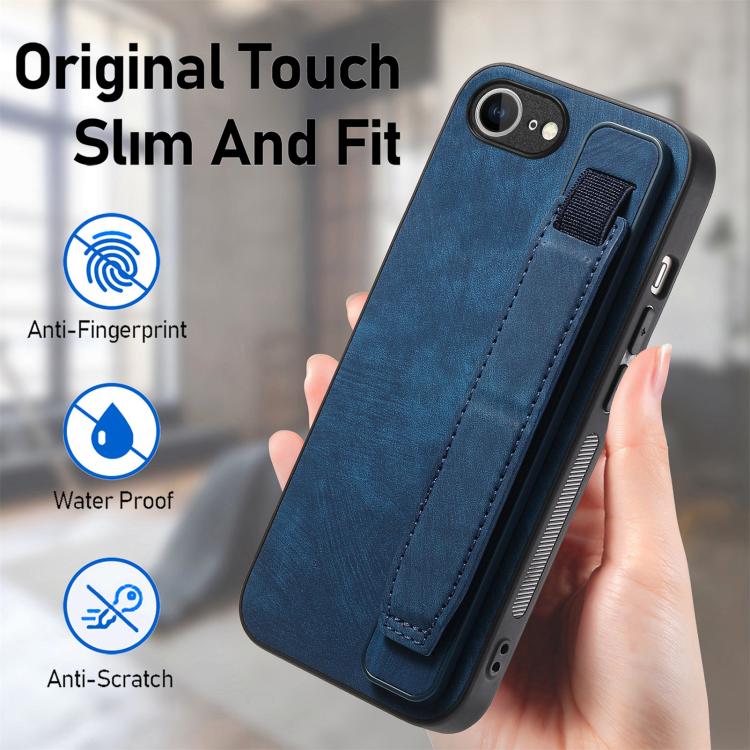 For iPhone 16e Retro Wristband Holder Leather Back Phone Case(Blue) - iPhone 16e Cases by PMC TechLife | Online Shopping South Africa | PMC TechLife | Buy Now Pay Later Mobicred