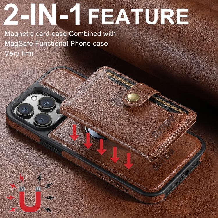 For iPhone 16 Suteni M1 Oil Wax MagSafe Detachable Horizontal Card Bag Phone Case(Brown) - free shipping - PMC Jewellery - Order now!