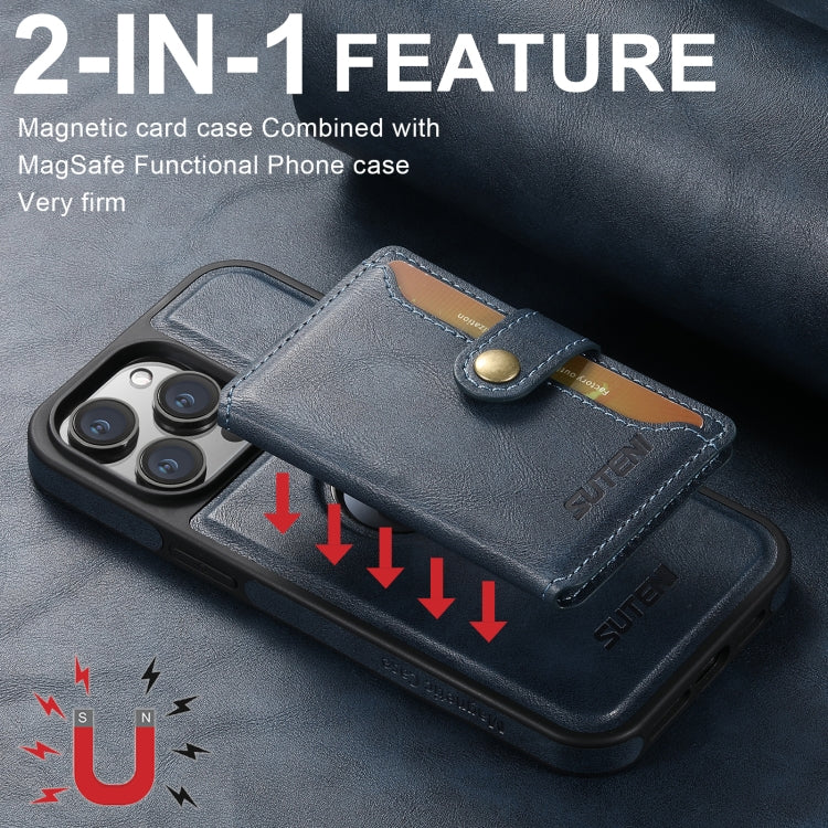 For iPhone 16 Plus Suteni M1 Oil Wax MagSafe Detachable Horizontal Card Bag Phone Case(Blue) - iPhone 16 Plus Cases by Suteni | Online Shopping South Africa | PMC Jewellery | Buy Now Pay Later Mobicred