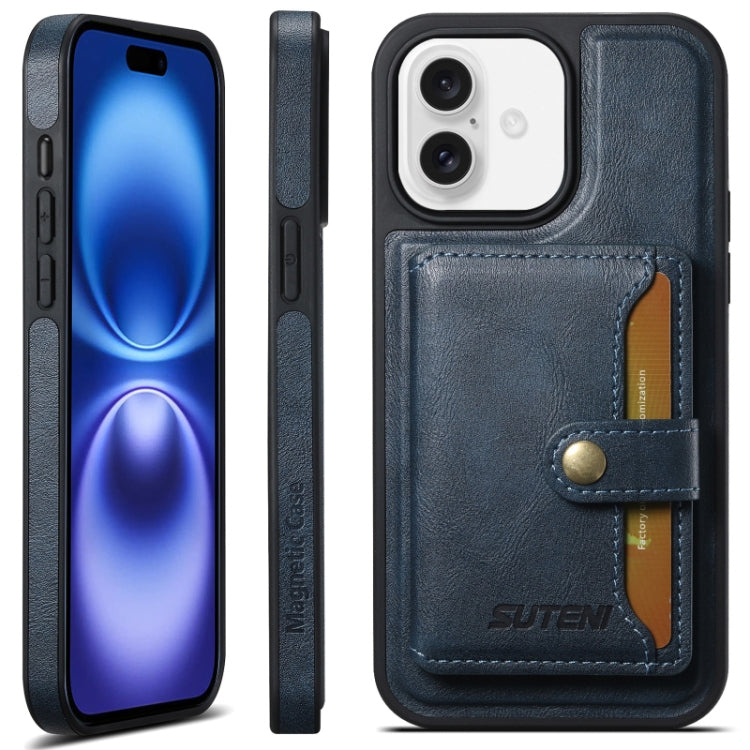 For iPhone 16 Plus Suteni M1 Oil Wax MagSafe Detachable Horizontal Card Bag Phone Case(Blue) - iPhone 16 Plus Cases by Suteni | Online Shopping South Africa | PMC Jewellery | Buy Now Pay Later Mobicred