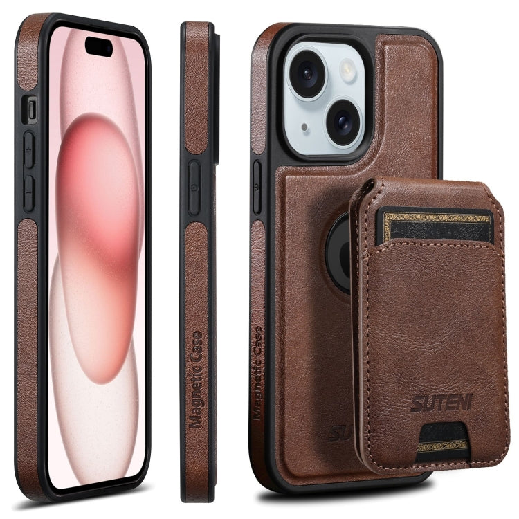 For iPhone 15 Suteni M2 Oil Wax MagSafe Horizontal Card Bag Phone Case(Brown) - free shipping - PMC Jewellery - Order now!