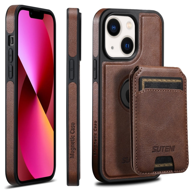 For iPhone 13 Suteni M2 Oil Wax MagSafe Horizontal Card Bag Phone Case(Brown) - free shipping - PMC Jewellery - Order now!