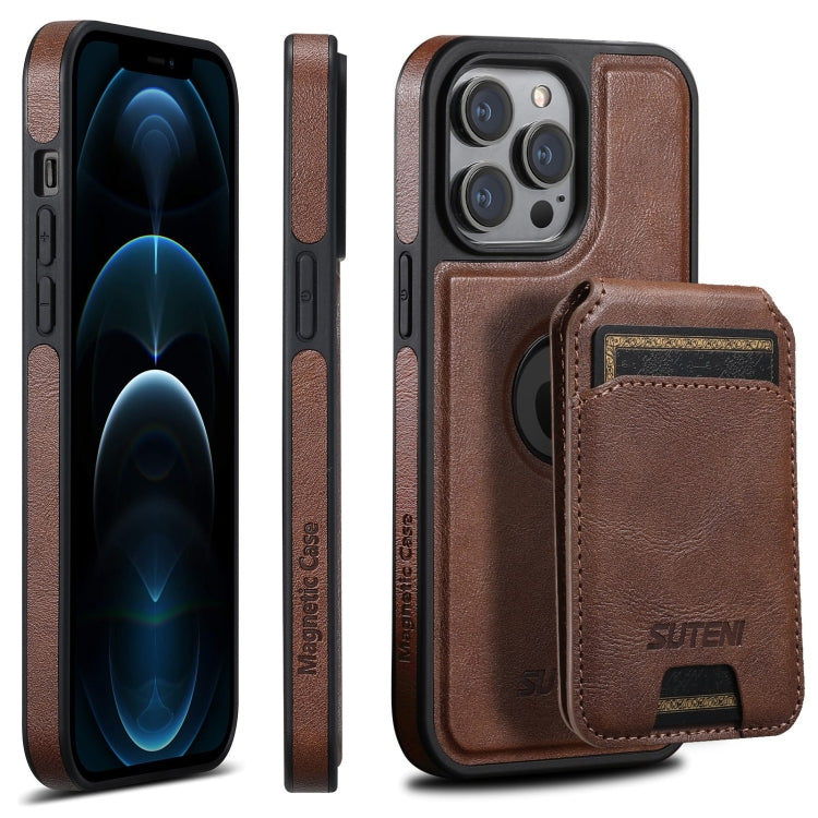 For iPhone 12 Pro Max Suteni M2 Oil Wax MagSafe Horizontal Card Bag Phone Case(Brown) - free shipping - PMC Jewellery - Order now!