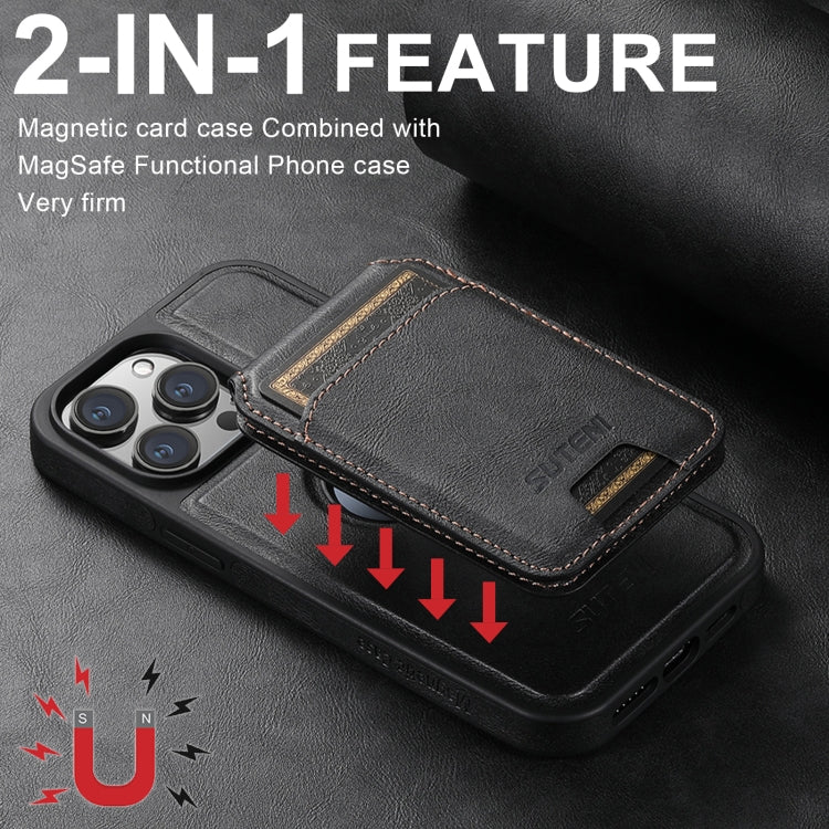 For iPhone 16 Pro Max Suteni M2 Oil Wax MagSafe Horizontal Card Bag Phone Case(Black) - free shipping - PMC Jewellery - Order now!