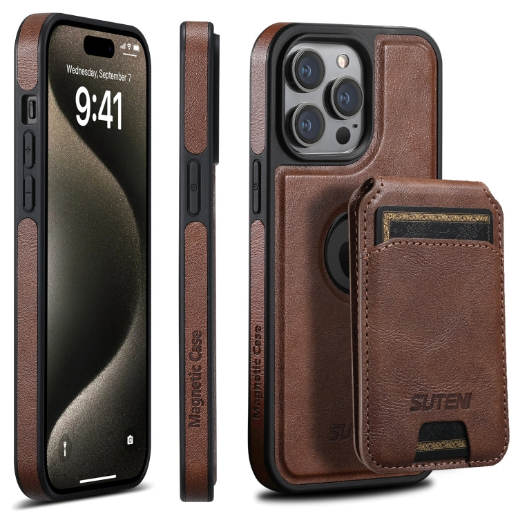 For iPhone 16 Pro Max Suteni M2 Oil Wax MagSafe Horizontal Card Bag Phone Case(Brown) - free shipping - PMC Jewellery - Order now!