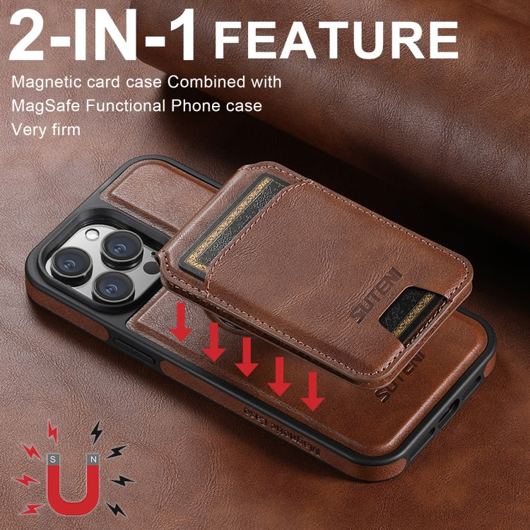 For iPhone 16 Pro Max Suteni M2 Oil Wax MagSafe Horizontal Card Bag Phone Case(Brown) - free shipping - PMC Jewellery - Order now!