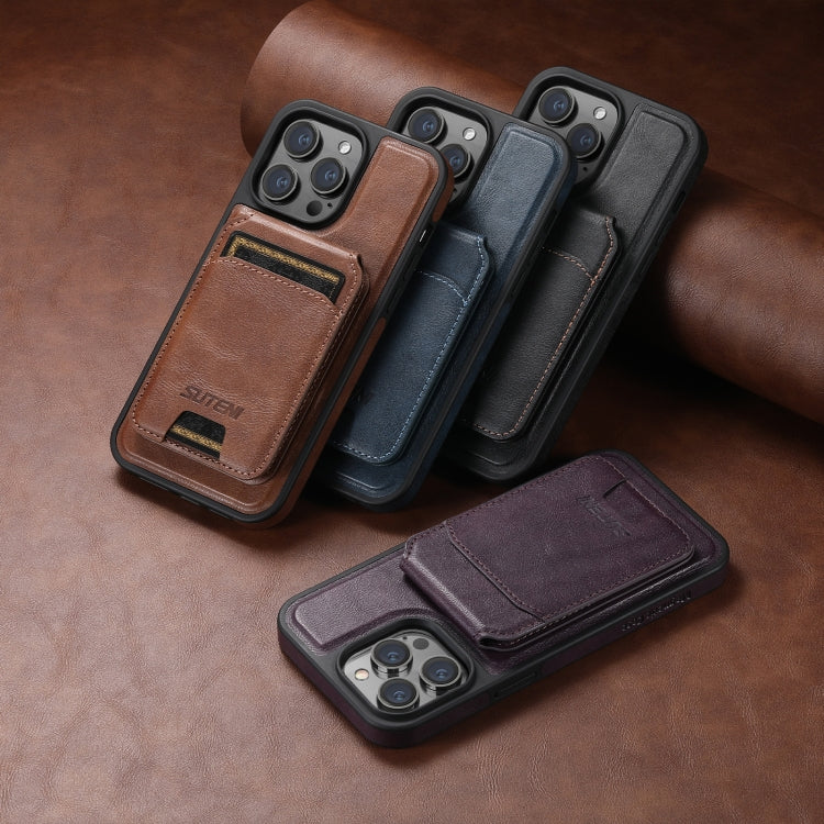For iPhone 12 Pro Max Suteni M2 Oil Wax MagSafe Horizontal Card Bag Phone Case(Brown) - free shipping - PMC Jewellery - Order now!