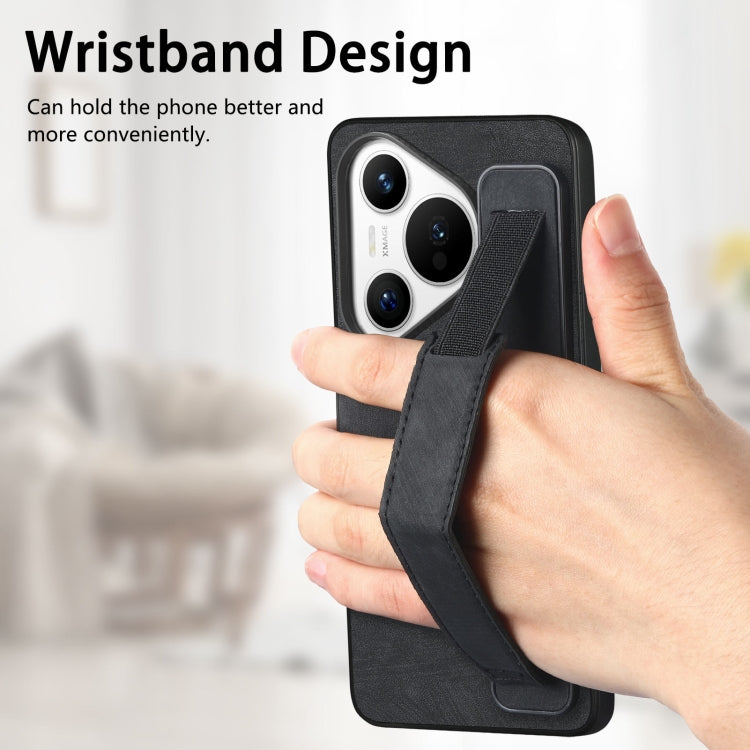 For Huawei Pura 70 Pro Retro Wristband Holder Leather Back Phone Case(Black) - Huawei Cases by PMC Jewellery | Online Shopping South Africa | PMC Jewellery | Buy Now Pay Later Mobicred
