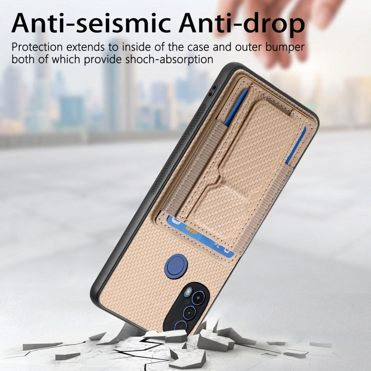 For Motorola Moto G 5G 2024 4G Carbon Fiber Fold Stand Elastic Card Bag Phone Case(Khaki) - Motorola Cases by PMC Jewellery | Online Shopping South Africa | PMC Jewellery | Buy Now Pay Later Mobicred