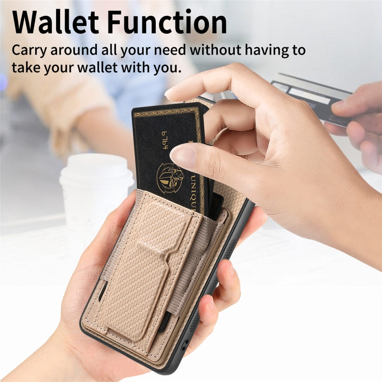 For Motorola Moto G 5G 2024 4G Carbon Fiber Fold Stand Elastic Card Bag Phone Case(Khaki) - Motorola Cases by PMC Jewellery | Online Shopping South Africa | PMC Jewellery | Buy Now Pay Later Mobicred