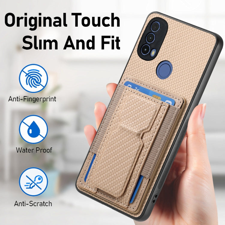For Motorola Moto G 5G 2024 4G Carbon Fiber Fold Stand Elastic Card Bag Phone Case(Khaki) - Motorola Cases by PMC Jewellery | Online Shopping South Africa | PMC Jewellery | Buy Now Pay Later Mobicred