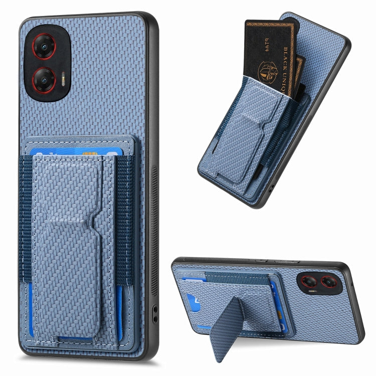 For Motorola Moto G Stylus 5G 2024 Carbon Fiber Fold Stand Elastic Card Bag Phone Case(Blue) - Motorola Cases by PMC Jewellery | Online Shopping South Africa | PMC Jewellery | Buy Now Pay Later Mobicred